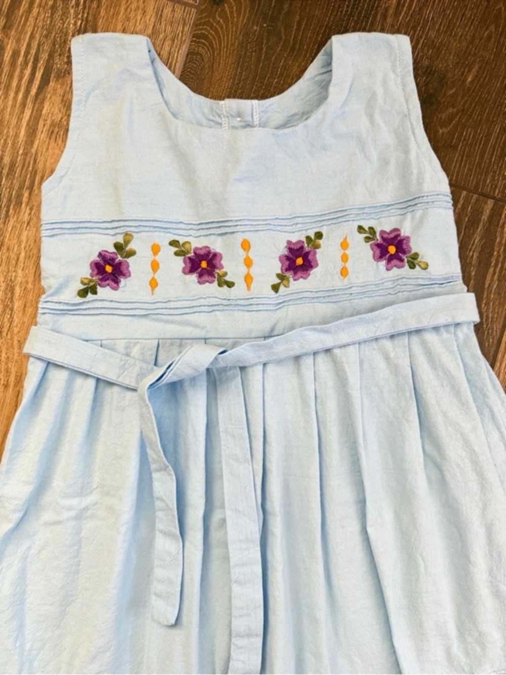 Light Blue Girls' Embroidered Floral Sundress with Tie Waist—4T - Picture 2 of 6